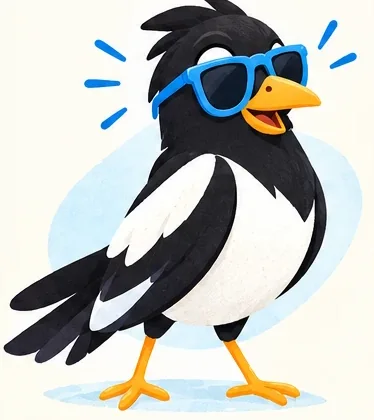 The magpie in blue sunglasses, relaxed.