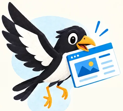 The magpie flying in with a web page in its beak.