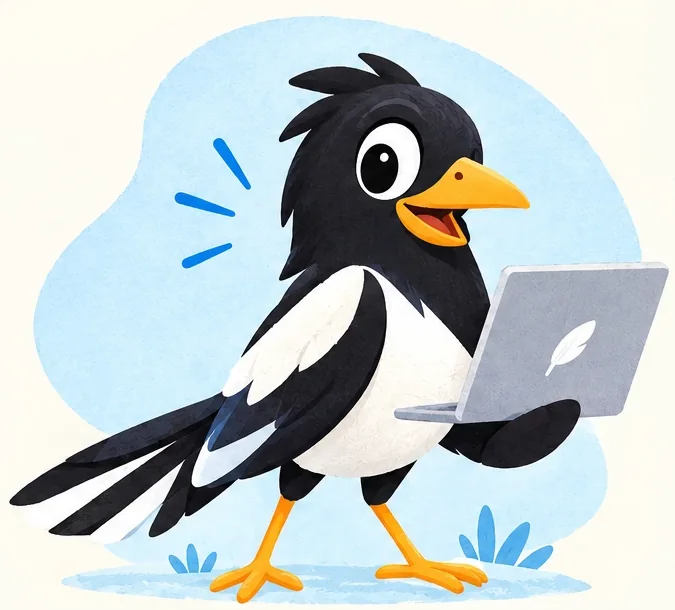 The SiteMagpie magpie, cheerful, striding along with a laptop under its wing.